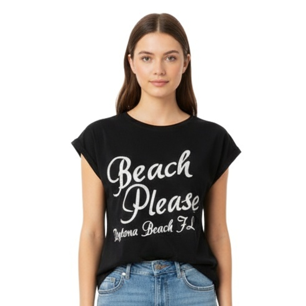 Wings Babydoll Tee‎ Size S Black White Beach Please Souvenir Coastal Travel New